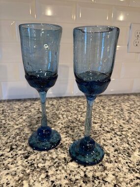 Handblown Blue Glass Wine Goblets - Set of 2